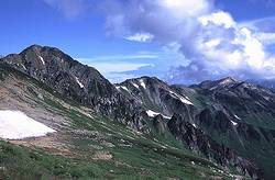 水晶岳（左）から北に伸びる稜線
