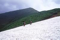 浅草岳をバックに雪田を登る